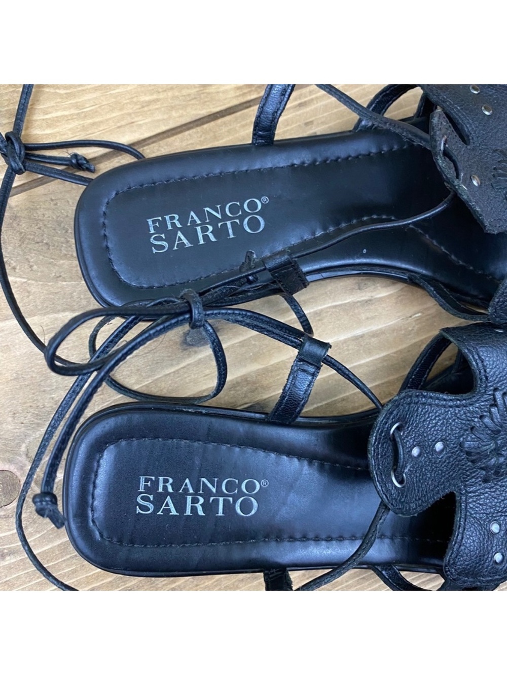 Franco Sarto tie up black leather 3/4 wedge low heel sandals with rivets studs - Picture 5 of 7